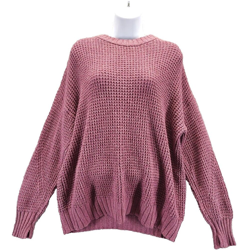 American Eagle Women Sz XS Rose Pink Waffle Knit Crew Neck Long Sleeve Sweater
